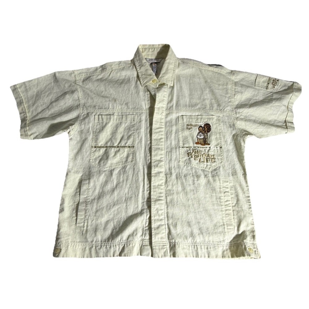 Y2K HipHop History Shirt XL Cream Linen Cotton‎ Platinum Urban FUBU Style